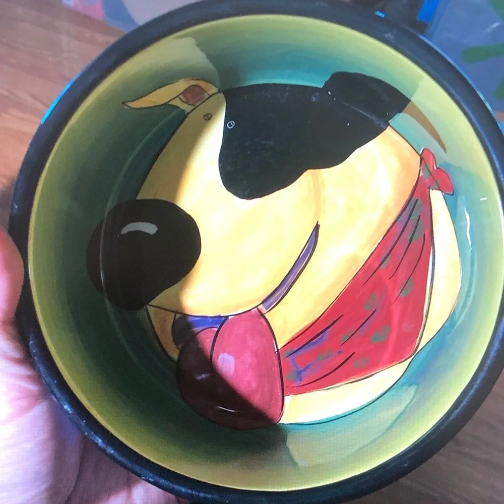 Hand-Painted Ceramic Dog Bowl in Yellow & Green